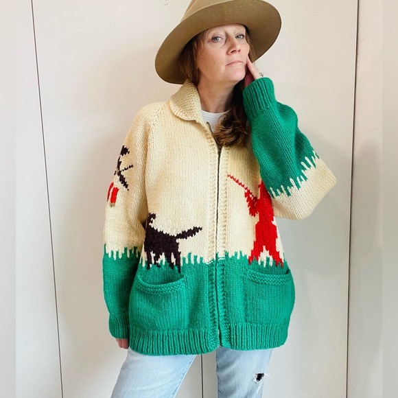 Hunting Scene Knit Cardigan - Green and Cream - Picture 10 of 13